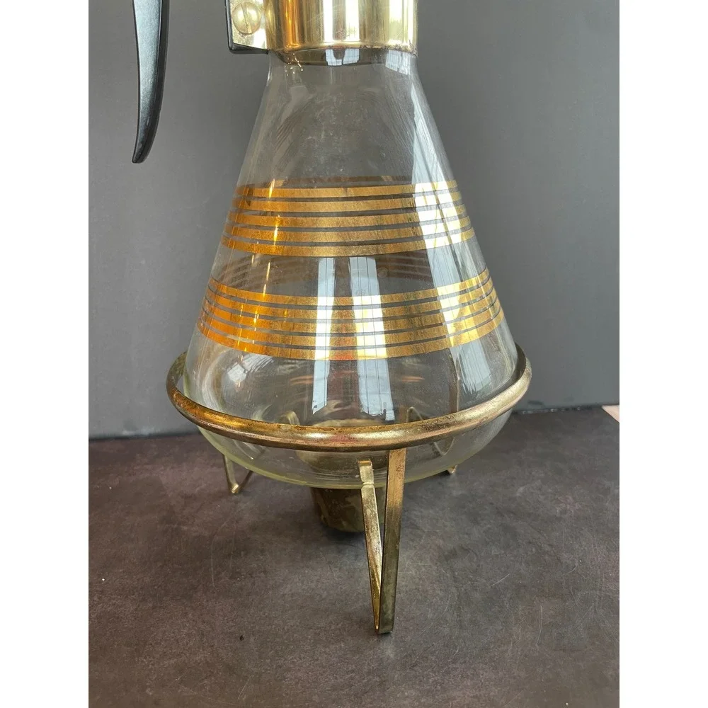 Vintage Pyrex Coffee Carafe Gold Stripes MCM Brass Warming Stand Bakelite Handle